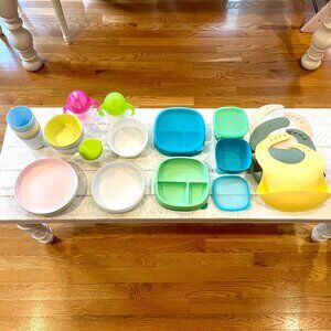 Kids Dinnerware Set Bundle - Plates, Cups, Bowls, Silicon Bibs - MSRP $55+